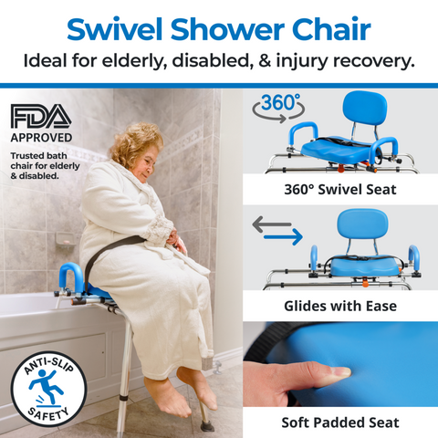 Slide Swivel shower chair transfer bench with features highlighted, including FDA approval and safety certifications.